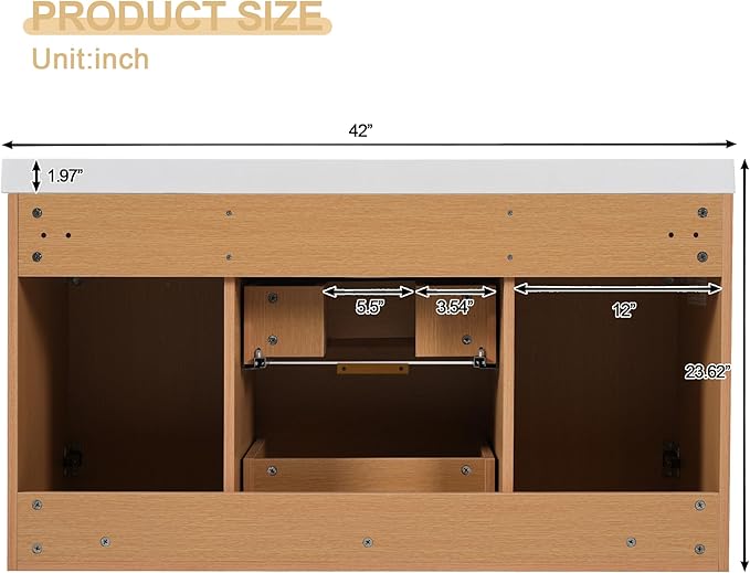 Merax 42 inch Bathroom Vanity with Sink, Wall Mounted Storage Vanities with Drawer and Door, SMC Resin Countertop and Basin, Single Sink, Nature Wood