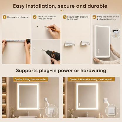 Antok 24x36 LED Bathroom Mirror with Lights, Backlit + Front Lit Vanity Mirror with CRI>90, Dimmable Anti-Fog Smart Mirror with Memory Function, 3 Color Temperatures, Shatterproof Tempered Glass, ETL