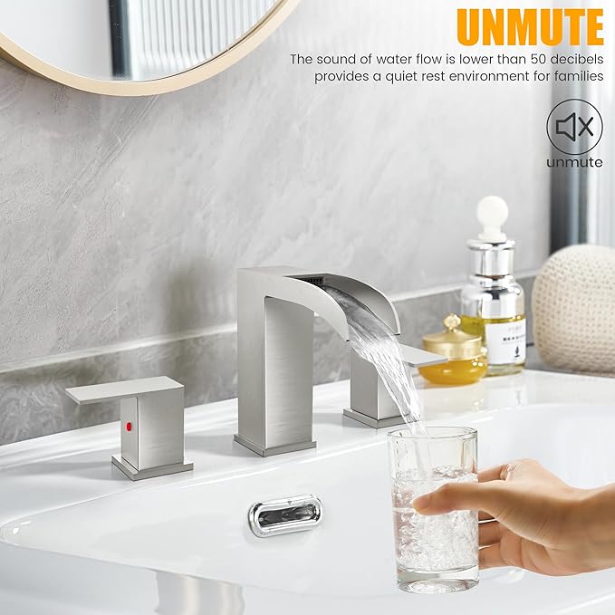 Waterfall Bathroom Faucets for Sink 3 Hole - Brushed Nickel Waterfall Bathroom Faucet 8 Inch Widespread Faucet Bathroom 2-Handles Modern Vanity Faucets with Overflow Pop Up Drain Supply Lines