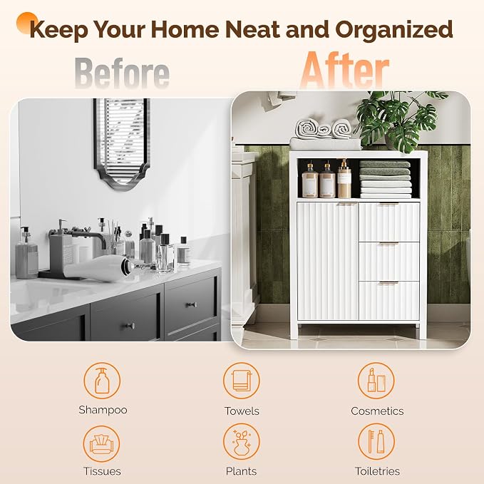 VINGLI Bathroom Floor Storage Cabinet with 3 Drawers, Modern 32" Freestanding Short Storage Organizer with Fluted Door & Adjustable Shelf, 12 Inch Deep White Wooden Console for Small Space