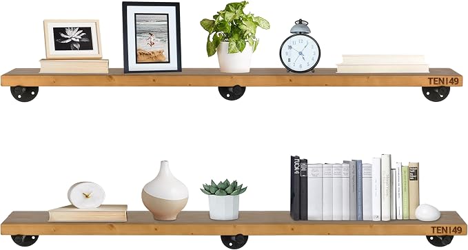 TEN49 48" Real Wood Floating Shelves for Wall - Set of 2 - Industrial Pipe Shelf Brackets - Rustic Farmhouse Wall Shelving - Light Walnut Wood - Kitchen, Bathroom, Living Room Heavy Duty Decor Art