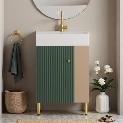 21.6" Freestanding Bathroom Vanity with Ceramic Sink, Green | Ceramic Sink, Wave-Pattern Door & Two-Layer Right Open Compartment, Bathroom Storage Cabinet, Easy Installation