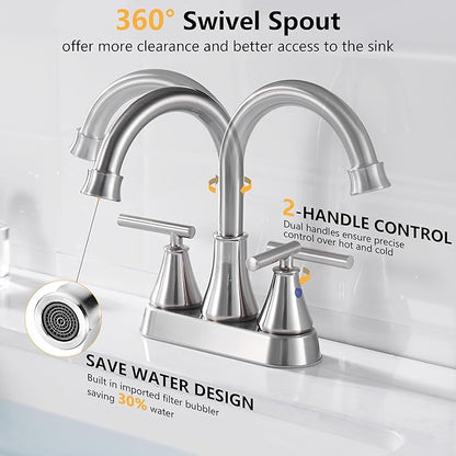 Bathroom Sink Faucet 4 Inch 2 Handle Centerset Brushed Nickel Lead-Free Modern Bathroom Faucet Vanity Faucet with Pop-up Drain Stopper and Supply Hoses