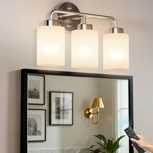 SUNMORY Bathroom Light Fixtures with 3 Stepless Dimmable Bulbs and Remote, 3-Light Modern Vanity Lights with Frosted Glass Shades, Bathroom Wall Lamp for Over Mirror Kitchen Living Room Hallway Porch