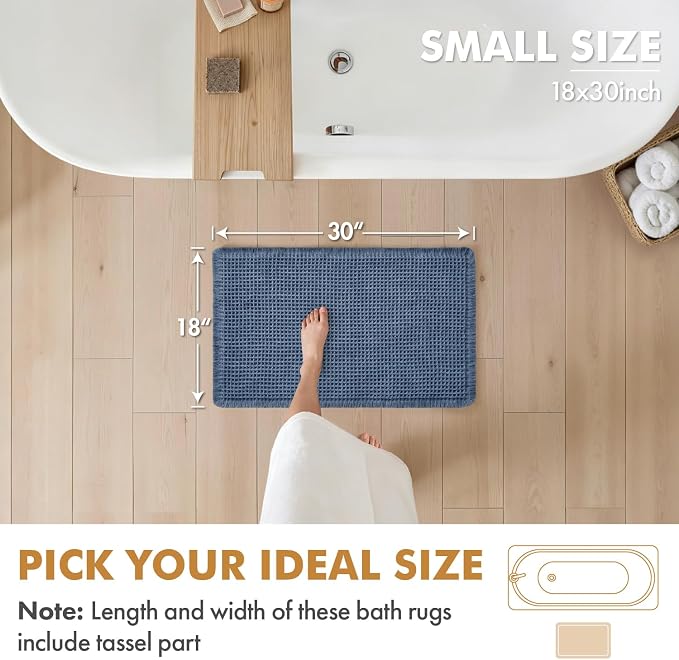 MIULEE Set of 2 Waffle Bathroom Rugs Boho Bath Mat Blue 18x30 Inch | Non Slip, Super Absorbent, Washable, Ultra Soft, Rubber Backed Bath Rugs for Bathroom Floor Tub Shower