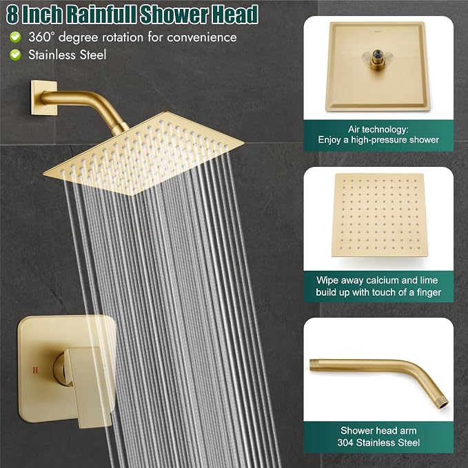 Heyalan 8-Inch Square Rain Shower Faucet Set with Valve, Brushed Gold | SUS304 stainless steel shower head, male NPT 1/2-inch valve, single-handle control, adjustable angle, 1.8 GPM