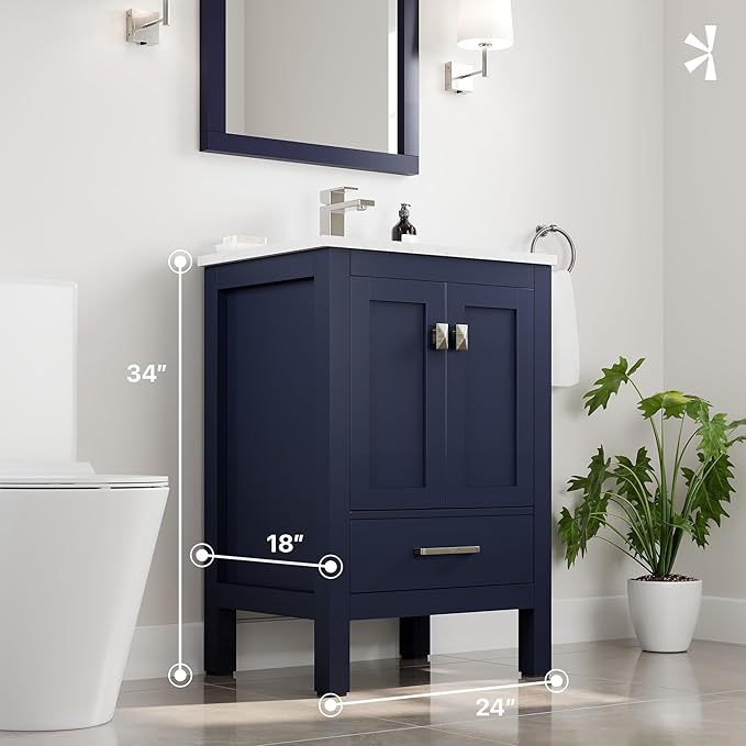 Eviva London 24 in. Blue Single Sink Bath Vanity with Carrara Quartz Top and Undermount Porcelain Sink