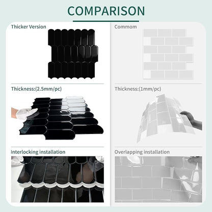 10-Sheet Upgraded Thicker Peel and Stick Kitchen Backsplash Tiles | Waterproof Self-Adhesive Vinyl Wall Tile Stick on Backsplash for Kitchen,Bathroom,Fireplace and RV(Black,12"×12")