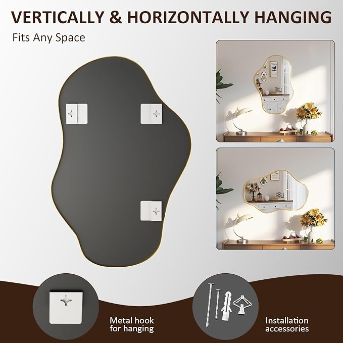 Irregular Wall Mirror, 24"x36" Asymmetrical Mirror with Metal Frame, Decorative Wall Mirror for Entryway Bathroom Living Room Bedroom, Horizontal or Vertical Hanging