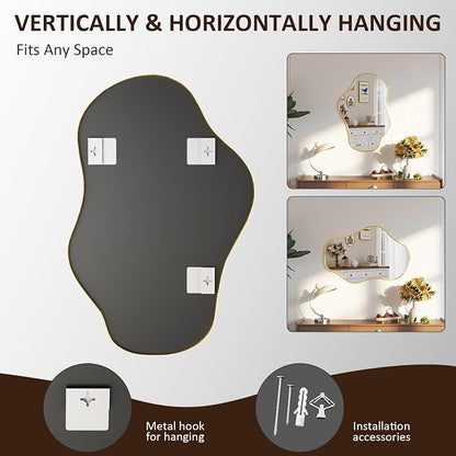 Irregular Wall Mirror, 24"x36" Asymmetrical Mirror with Metal Frame, Decorative Wall Mirror for Entryway Bathroom Living Room Bedroom, Horizontal or Vertical Hanging