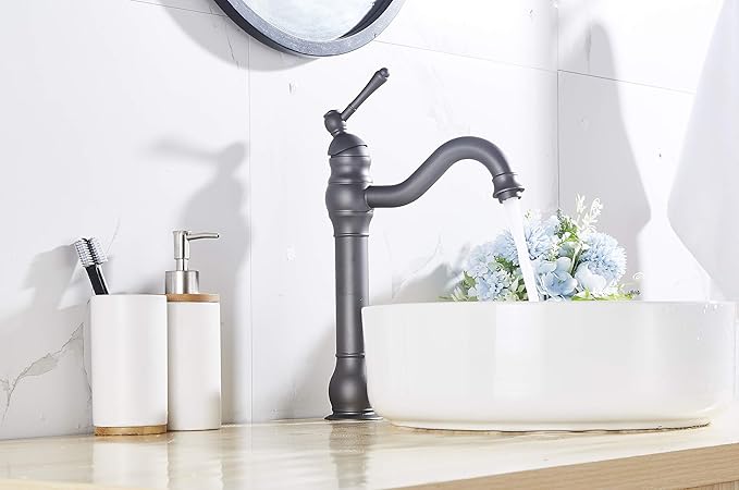 GGStudy Bathroom Faucet 360° Swivel Single-Handle One Hole Bathroom Vessel Sink Faucet Matching Pop Up Drain Grey Farmhouse Bathroom Vanity Faucet