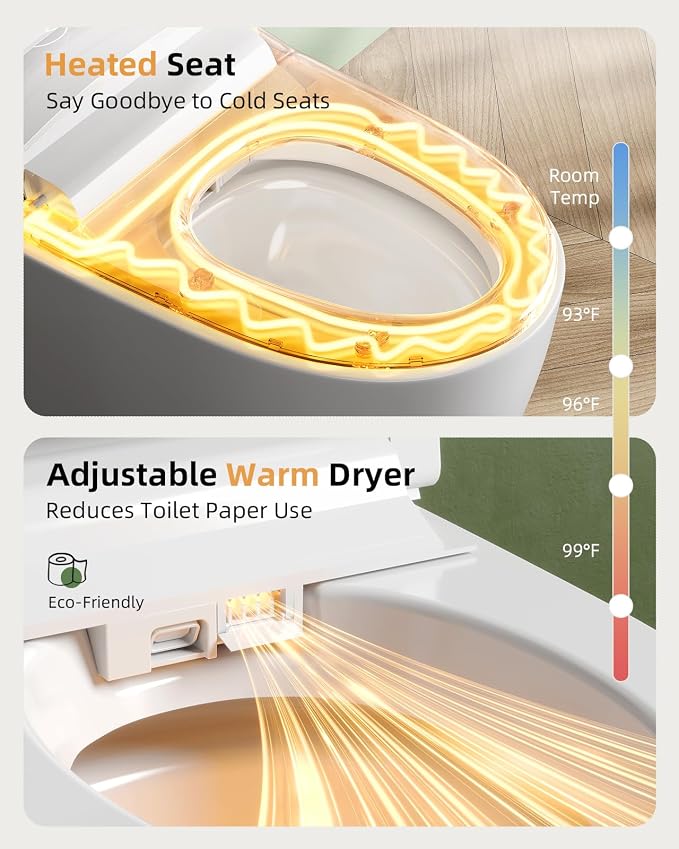 Smart Toilet with Bidet Built In, One-Piece Electric Tank Toilet with Foam Shield, Auto Open & Close Lid, Dual Flush 1.28 GPF, Heated Seat, Remote Control, Warm Air Dryer & Temp Display