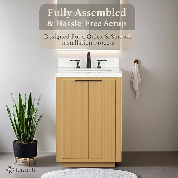 Lavanti Wooderna 24 Inch Bathroom Vanity with Sink – Stylish Firwood Oak Vanity Bathroom with Storage Cabinet – Modern Bathroom Vanities with Single Vanity Sink & Quartz Countertop