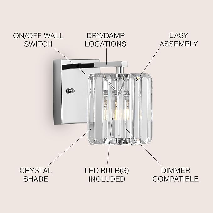 JONATHAN Y 4.75" Chrome 1-Light Vintage Glam LED Vanity Light Wall Sconce Fixture with Clear Crystal Prism Shade, Hardwired Wall Lamp for Bathroom Mirror Hallway, LED Bulb Included JYL3552A