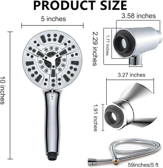 High Pressure Shower Head with Magnetic Back Fixed Base Design,Handheld Showerhead with Hose Set Stainless Steel 59 inches/5 ft 10-Setting 5 inches Large Face,Chrome Finish