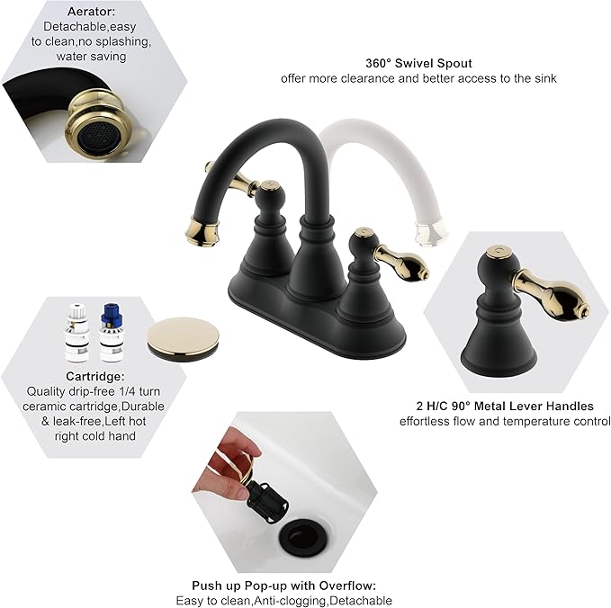 Two Handle Bathroom Sink Faucet,3 Hole with Overflow Pop up Drain, 360° Swivel Spout 4 Inch Centerset Lavatory Faucet,Matte Black with Polished Brass Trim Finished,F-4501-MG