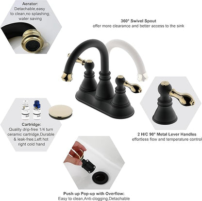 Two Handle Bathroom Sink Faucet,3 Hole with Overflow Pop up Drain, 360° Swivel Spout 4 Inch Centerset Lavatory Faucet,Matte Black with Polished Brass Trim Finished,F-4501-MG