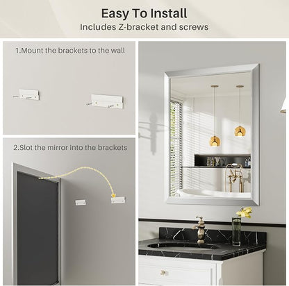 Bathroom Wall Mirror, Silver Brushed Nickel Metal Frame, 24x32 Inch | Anti-rust, HD tempered glass, for bathroom vanity, bedroom, living room, horizontal or vertical mount