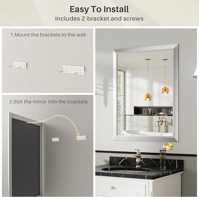 36x30 Inch Brushed Silver Bathroom Mirror for Wall, Thick Metal Framed Rectangle Mirrors for Over Sink, Bedroom, Living Room, Entryway, Anti-Rust, HD Tempered Glass
