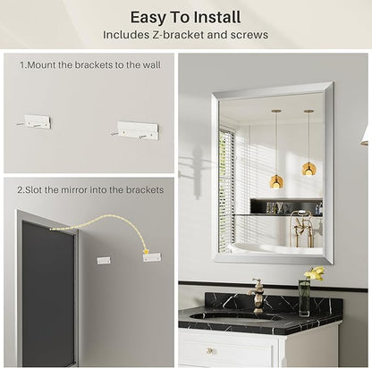 28x36 Inch Brushed Silver Bathroom Mirror for Wall, Thick Metal Framed Rectangle Mirrors for Over Sink, Bedroom, Living Room, Entryway, Anti-Rust, HD Tempered Glass
