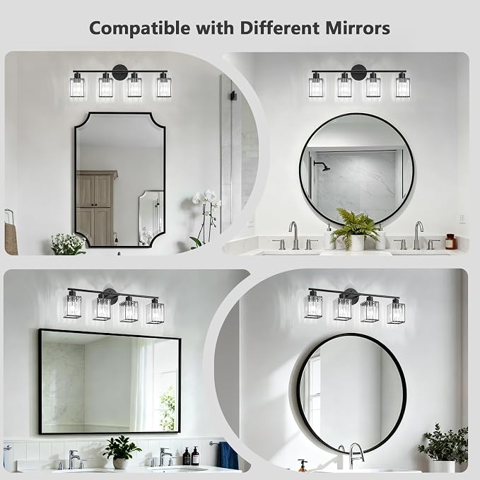 4 Light Bathroom Light Fixtures, Modern Crystal Vanity Lights over Mirror | Metal Frame, Bathroom Light with Square Crystal Shade, ETL Certified, E26 Ceramic Socket, Bulbs Not Included