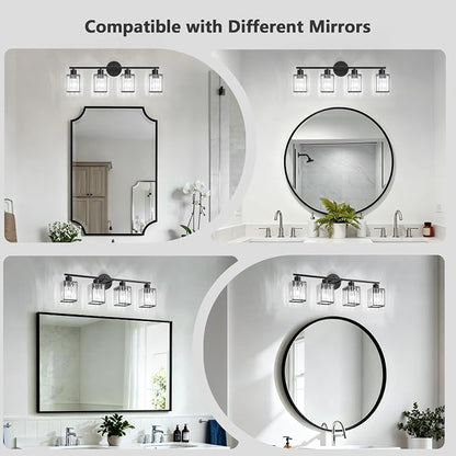 4 Light Bathroom Light Fixtures, Modern Crystal Vanity Lights over Mirror | Metal Frame, Bathroom Light with Square Crystal Shade, ETL Certified, E26 Ceramic Socket, Bulbs Not Included