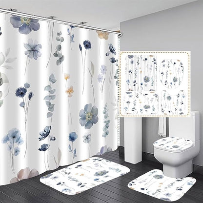 DDQQ 4Pcs Flower Shower Curtain Set with Floral Bathroom Sets, Blue Floral Shower Curtain with 12 Hooks, Bathroom Decor with Rugs Bath Accessories with Shower Curtains for Bathroom Toilet Lid Cover
