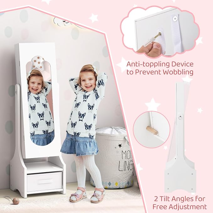 CHARMAID Kids Jewelry Armoire Cabinet - Standing jewelry Organizer for Girls, Full Length Mirror, Storage Drawers and Shelves, Kids Vanity Dressing Mirror with Storage (White)