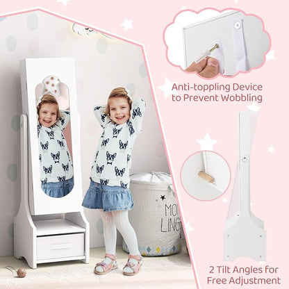 CHARMAID Kids Jewelry Armoire Cabinet - Standing jewelry Organizer for Girls, Full Length Mirror, Storage Drawers and Shelves, Kids Vanity Dressing Mirror with Storage (White)
