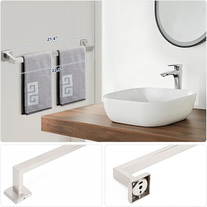 NearMoon 5 Pieces Bathroom Hardware Set 304 Stainless Steel, Square Towel Rack Kit - 24" Towel Rod + Towel Ring + Toilet Paper Holder + 2 Robe Hooks, Wall Mounted Bath Accessories (Brushed Nickel)