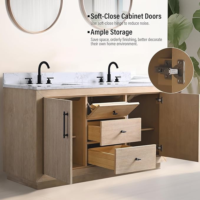 Vanity Art 60 inch Double Sink Bathroom Vanity, Vanity Cabinet with Doors and Shelf, Modern Wood Bathroom Vanity with White Marble Top, Solid Wood Frame, 3 Functioning Drawers, VA70-60-DLW-E