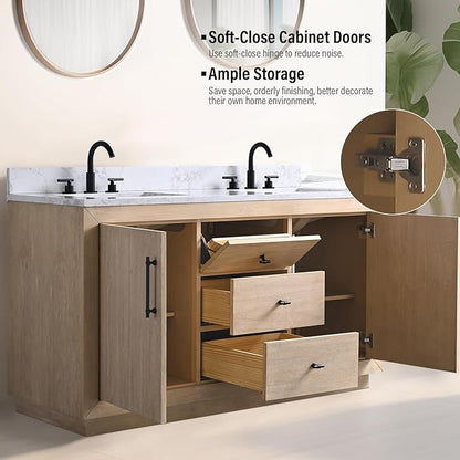 Vanity Art 60 inch Double Sink Bathroom Vanity, Vanity Cabinet with Doors and Shelf, Modern Wood Bathroom Vanity with White Marble Top, Solid Wood Frame, 3 Functioning Drawers, VA70-60-DLW-E
