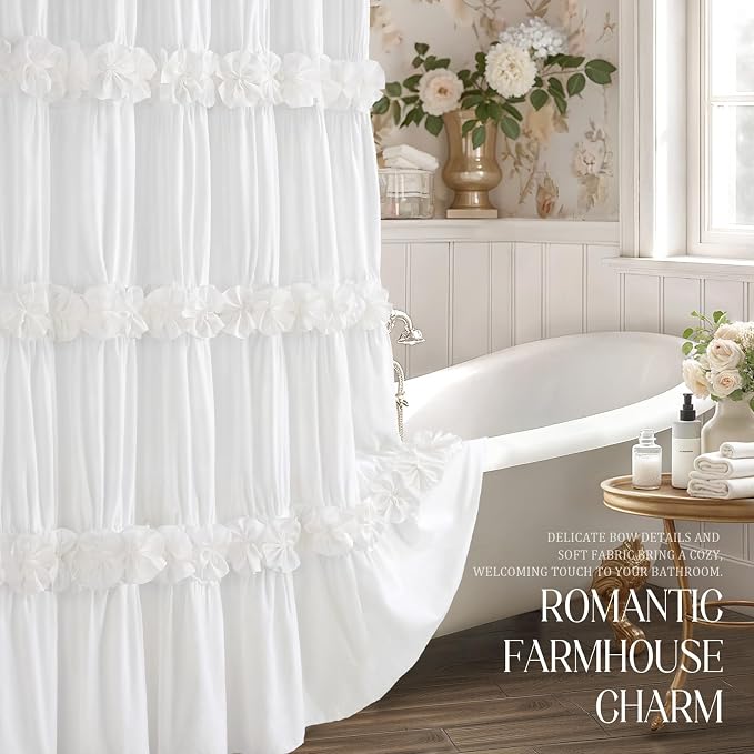 Ruffle Farmhouse Linen Shower Curtain with Vintage Cotton White 72"W x 72"H | Soft Cotton Cloth, Ruffle Bow and Ruffled Hem，Linen Texture，Machine Washable，12 Metal Holes and Plastic Hooks
