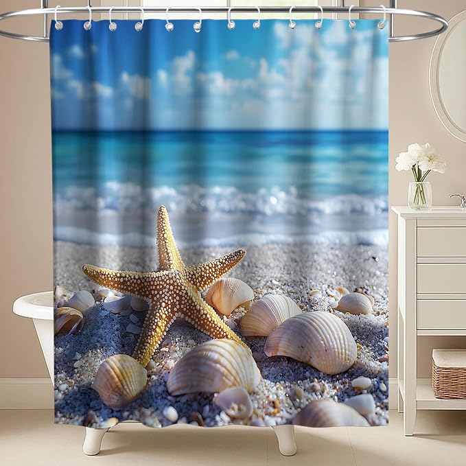 Beach Ocean Shower Curtain, Rustic Luxury Coastal Nautical Aesthetic Seashell Shower Curtains for Bathroom, Waterproof Bath Curtain with Hooks Machine Washable Bathtub Curtains 72x72 Inch Blue
