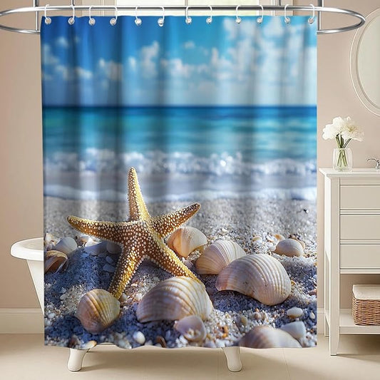 Modern Beach Ocean Shower Curtain Summer Tropical Aesthetic Seashell Nature | Scenic Shower Curtains for Bathroom, Waterproof Bath Curtain with Hooks Machine Washable Bathtub Curtains 72x78 Inch Blue