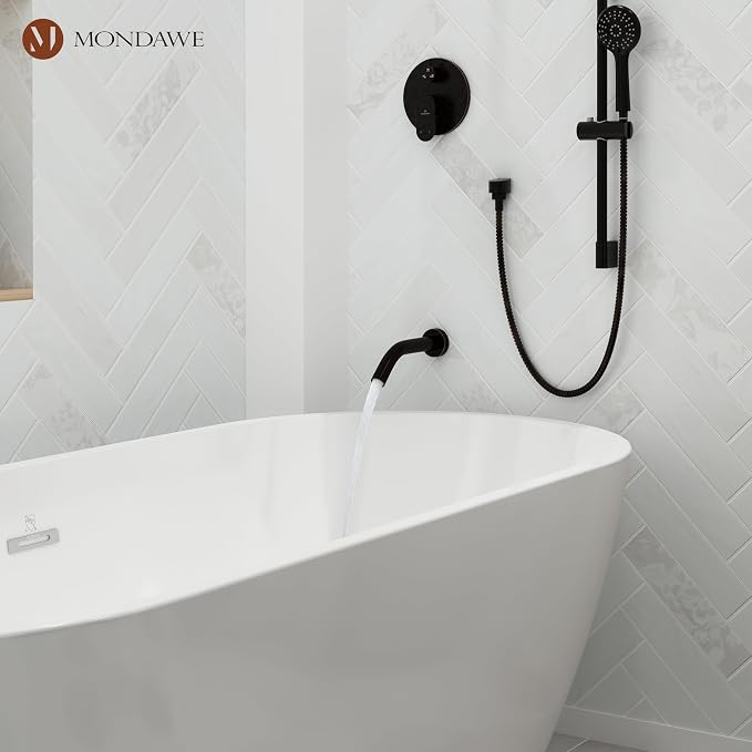 MONDAWE 9 Inch Wall Mounted Shower Faucet Set with Tub Spout in Oil Rubbed Bronze, Rainfall Shower Head with 3-Setting Handheld Spray Shower Combo, High Pressure Shower System with Solid Brass Valve
