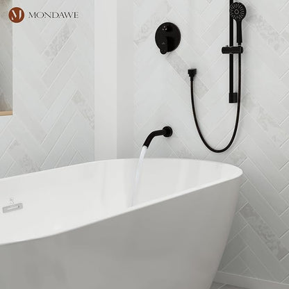 MONDAWE 9 Inch Wall Mounted Shower Faucet Set with Tub Spout in Oil Rubbed Bronze, Rainfall Shower Head with 3-Setting Handheld Spray Shower Combo, High Pressure Shower System with Solid Brass Valve