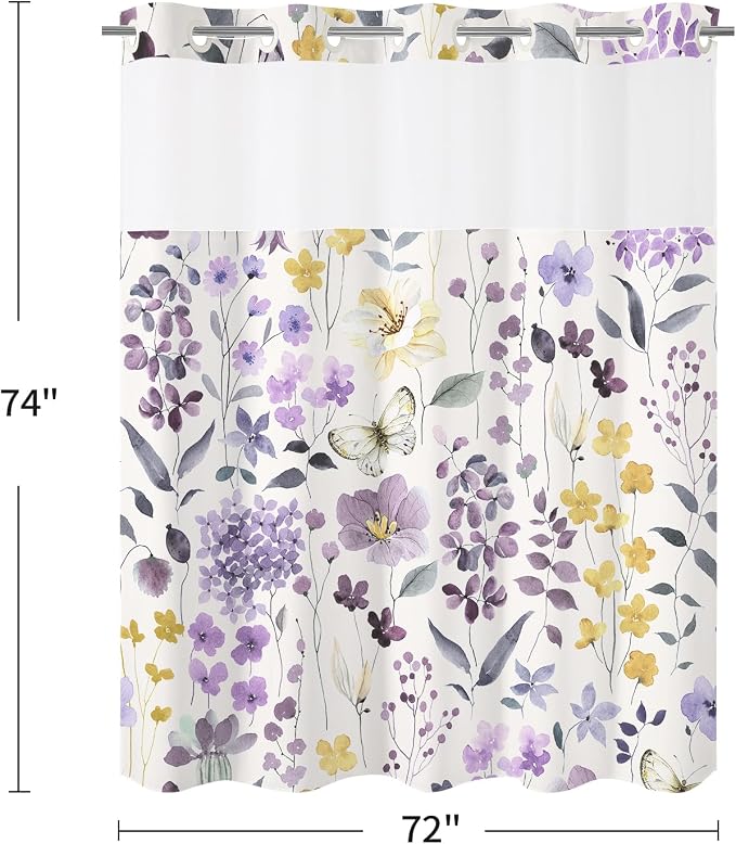 No Hook Purple Watercolor Floral Shower Curtain and Liner Set, 72x74 | Spring Flower Shower Curtains with Snap-in Liner for Farmhouse Bathroom Decor, Botanical Bathroom Curtain with Leaves
