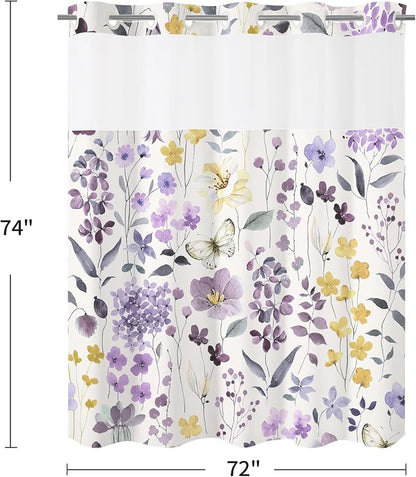 No Hook Purple Watercolor Floral Shower Curtain and Liner Set, 72x74 | Spring Flower Shower Curtains with Snap-in Liner for Farmhouse Bathroom Decor, Botanical Bathroom Curtain with Leaves