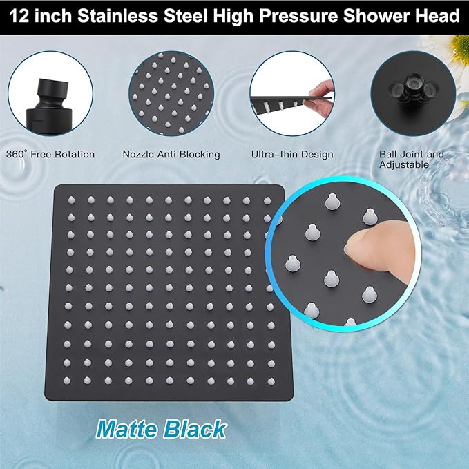Midanya Shower Faucet Set,Wall Mount Shower System with Square Rain Shower Head and Hand Sprayer, Rough-in Valve Body and Trim Kit Included,12 Inch,Matte Black