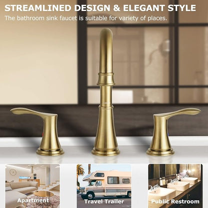 Brushed Gold Widespread Bathroom Sink Faucet 8 Inch for Vanity | with All Metal Pop Up Drain, High Arc 2 Handle Lead-Free Deck Mount Bathroom Faucet for 3 Hole Lavatory Utility Sink