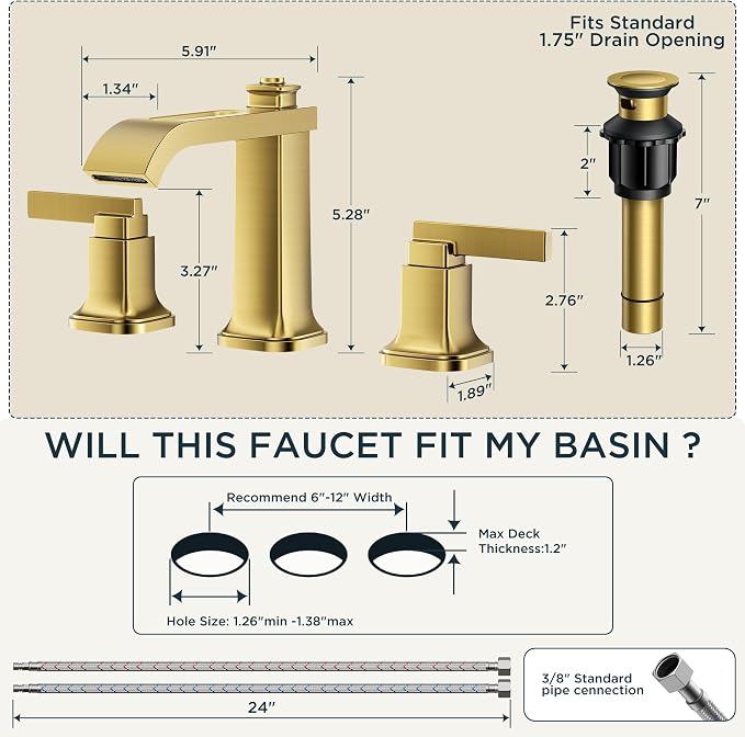 FORIOUS Bathroom Faucet 3 Hole Widespread Sink Faucets Brushed Gold | 3-hole 4-12 Inch Widespread Sink, Square Waterfall Spout, with Drain and Hoses,for Vanity Rv Commercial Lavatory Restroom