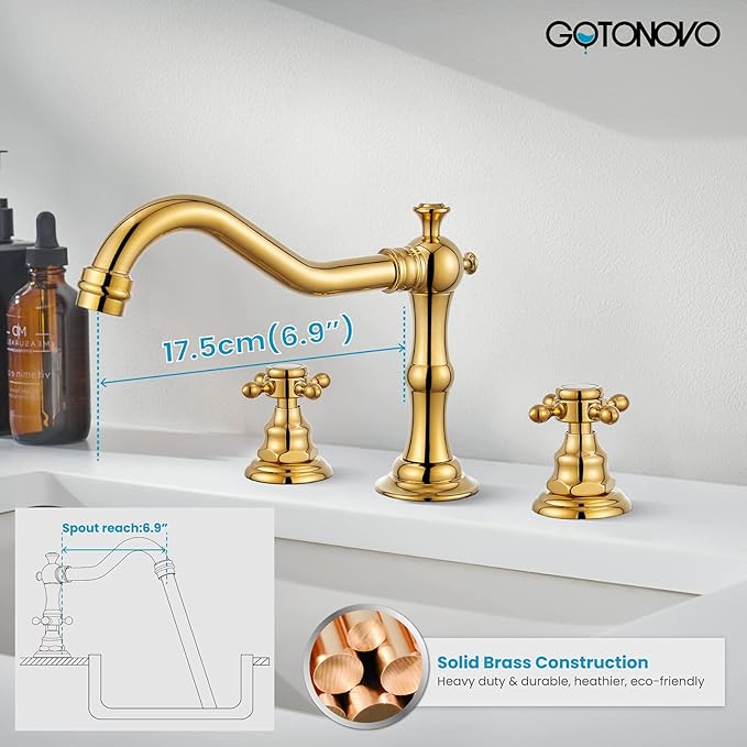 gotonovo 3 Hole Widespread Bathroom Sink Faucet Double Cross Handle Mixer Tap Faucet for Bathroom Sink Vanity Faucet Deck Mount Basin Hot Cold Water Matching Pop Up Drain Polished Gold