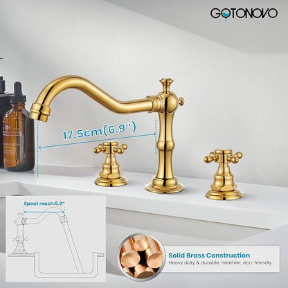 gotonovo 3 Hole Widespread Bathroom Sink Faucet Double Cross Handle Mixer Tap Faucet for Bathroom Sink Vanity Faucet Deck Mount Basin Hot Cold Water Matching Pop Up Drain Polished Gold