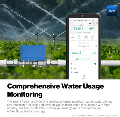 NSF Certified YoLink FlowSmart All-in-One Smart Water Meter & Auto Shutoff for 2" Pipes, LoRa Long-Range, Real-Time Leak Detection, 10-Year Battery, 80+ Device Ecosystem, Hub Required