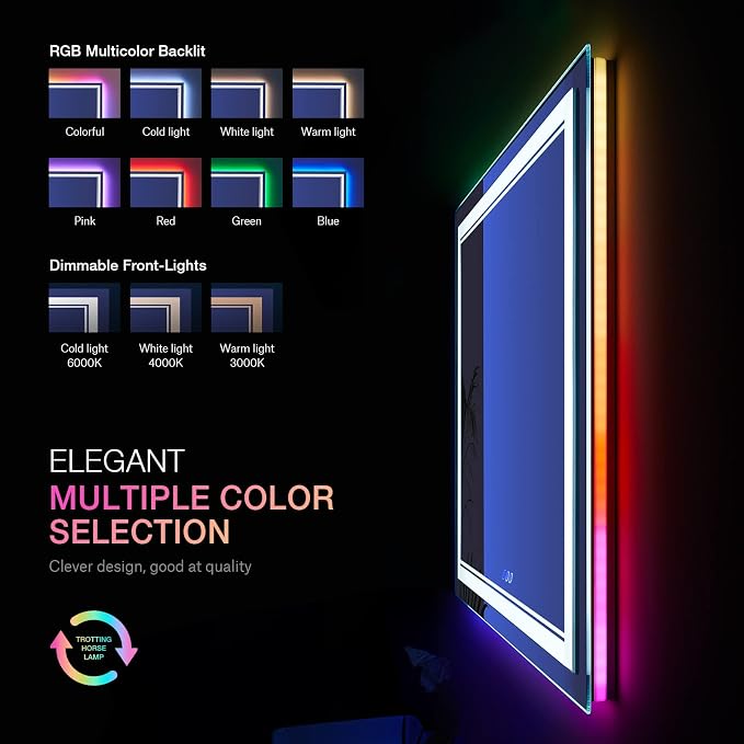 36x36 Inch RGB LED Bathroom Mirror with Lights | Front and RGB Backlit, Dimmable, Memory, Anti Fog, Shatterproof, Horizontal/Vertical, Lighted Mirrors for Bathroom Wall