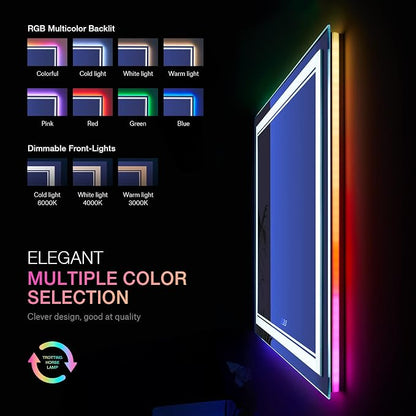 36x36 Inch RGB LED Bathroom Mirror with Lights | Front and RGB Backlit, Dimmable, Memory, Anti Fog, Shatterproof, Horizontal/Vertical, Lighted Mirrors for Bathroom Wall