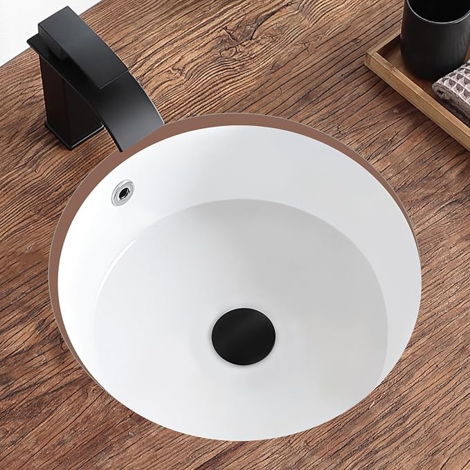 Undermount Bathroom Sink 16 Inch Small Verticyl Round Undermount Sink White Ceramic Under Counter Bathroom Vanity Sinks with Overflow（Internal Size 14"x14"）