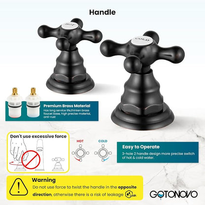 gotonovo Widespread Bathroom Sink Faucet 3 Hole Oil Rubbed Bronze,H&C Label | Vintage 8’’ Bathroom Faucet,2 Cross Handle,6-16’’ Sink,Vanity,RV,Farmhouse,SUS304,24’’ cUPC Hose,Pop Up Drain,Deck Mount