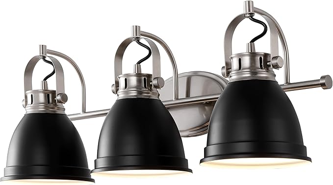 JONATHAN Y 25.5" Black/Nickel 3-Light LED Vanity Light, Adjustable Wall Sconce for Bathroom Mirror, Farmhouse Bohemian Kitchen Light, Iron Black Bell Shade (JYL1116A)